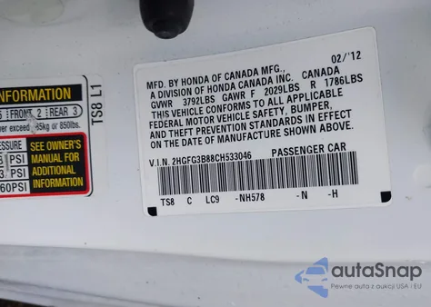 2012 Honda Civic Ex из США, поврежденный, VIN 2HGFG3B88CH533046